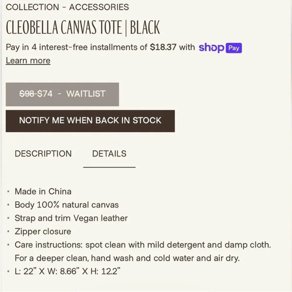 NEW CLEOBELLA Large Canvas Tote in Black with Vegan leather trim fabfitfun box
